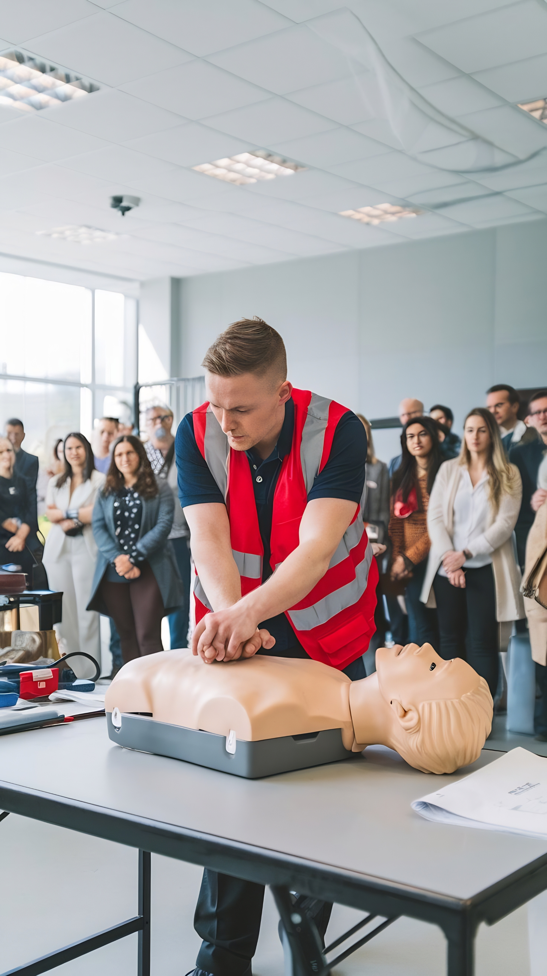 Trainee practising CPR on a mannequin during paediatric first aid training
