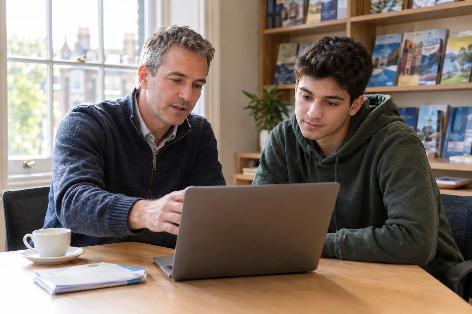 Education advisor helping a student apply for a construction management degree.