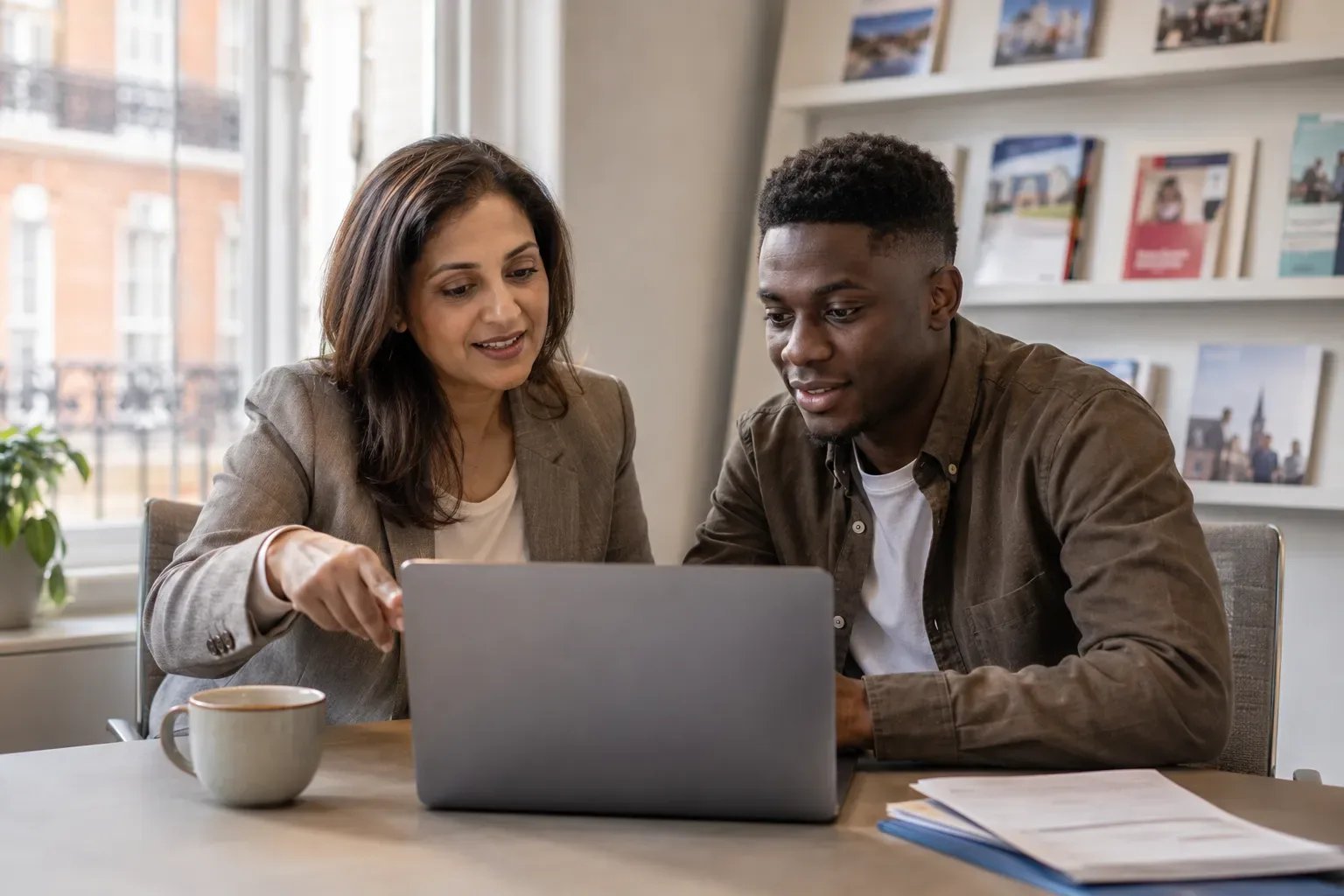 Education advisor and student reviewing study in UK options for international students.