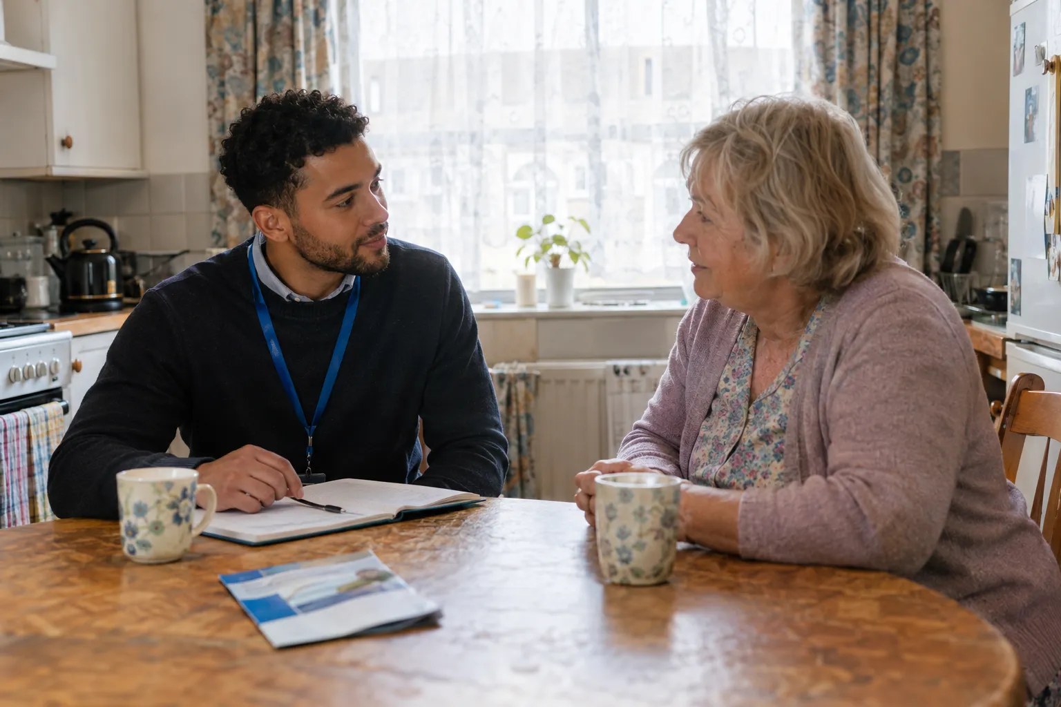 Community psychiatric nurse supporting a patient during a home visit in the UK