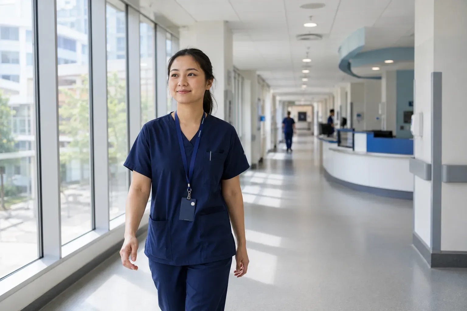 Nursing student walking through a hospital corridor during clinical placement